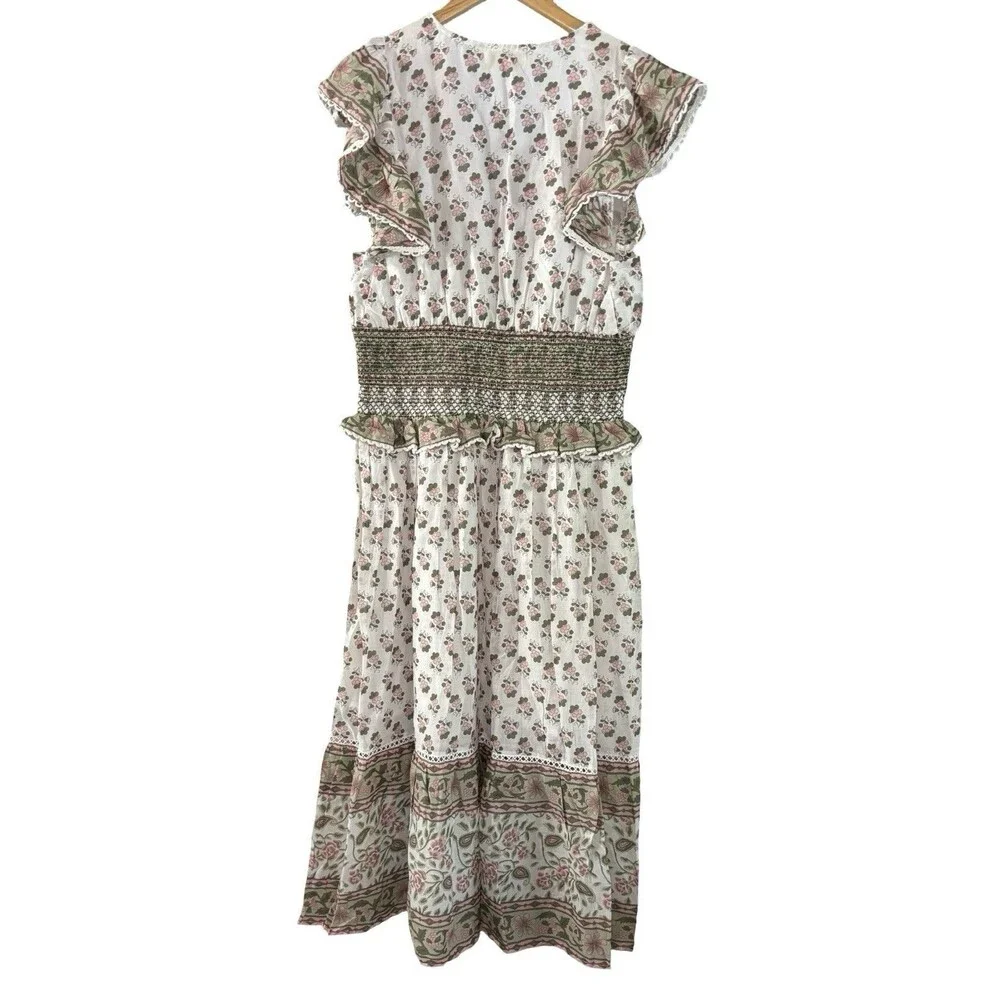 Rebellion Again Floral Smocked Tassel V Neck Tie Tiered Midi Dress Size Large - Picture 6 of 6